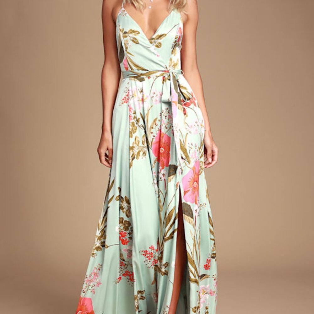 Lulus Still The One Sage Green Floral Print Satin Maxi Dress - Size XL